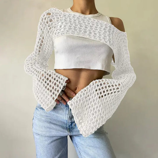 Solid Long Sleeves Hollow Out Knit Top
