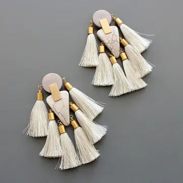 Gray and White Tassel Post Statement Earrings