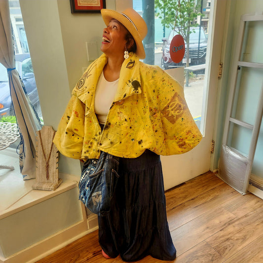 Osun Crop Puffer Jacket (Handpainted)-Yellow