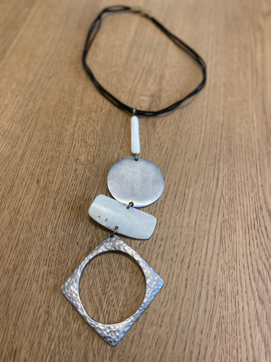 Silver Metal & Bone Diamond Shape Pendant Necklace (One of a Kind)