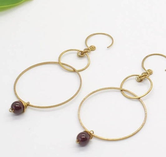 Double Hoop Brass Amethyst Earrings