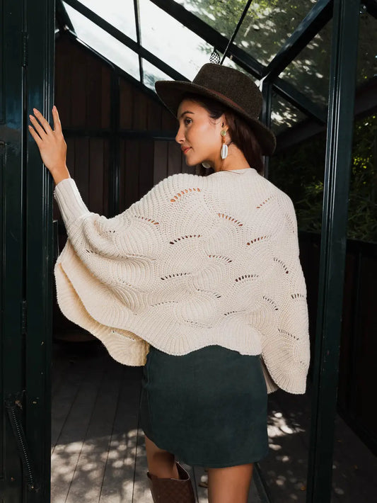 Autumn Butterfly Ribbed Poncho Sweater (Burgundy & Cream)