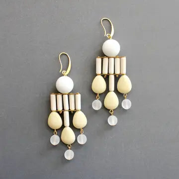 White and Light Yellow Geometric Chandelier Earrings