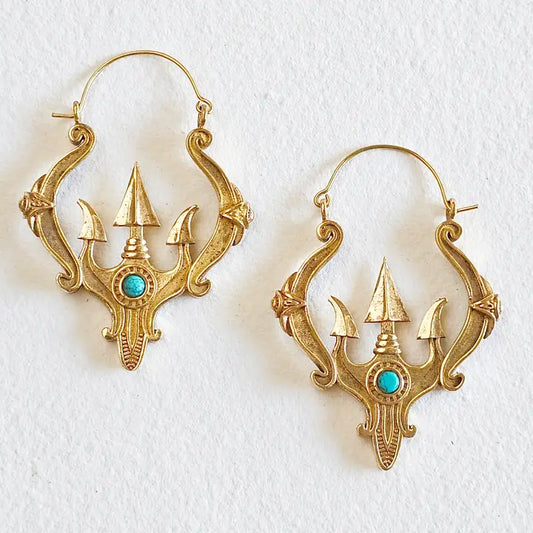 Brass Hoop Genuine Turquoise Earrings Trident Design