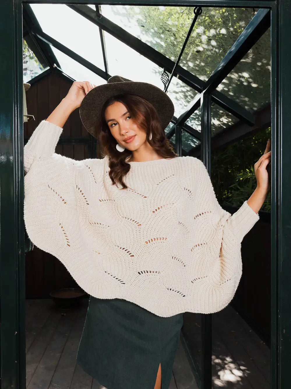 Autumn Butterfly Ribbed Poncho Sweater (Burgundy & Cream)