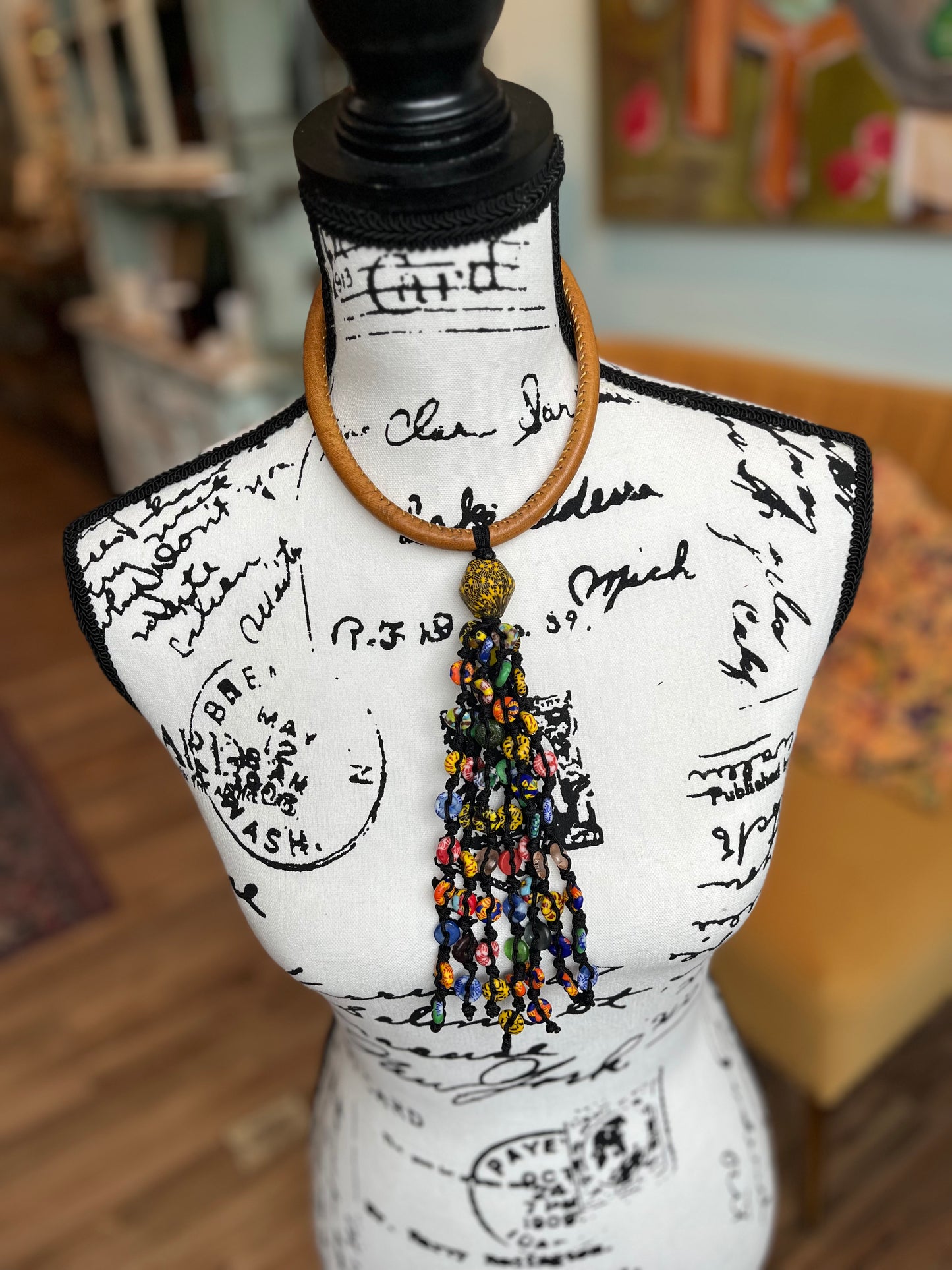 Aggry Leather Beaded Choker Necklace