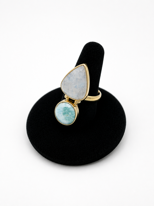 Moon Goddess Brass Larimar and Moonstone Ring