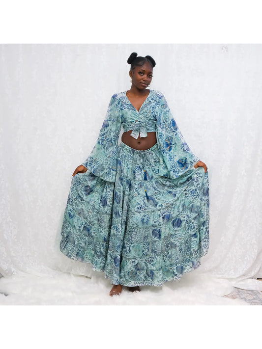 Bohemian Long Ruffle Recycled Silk Skirt and Tie Top Set
