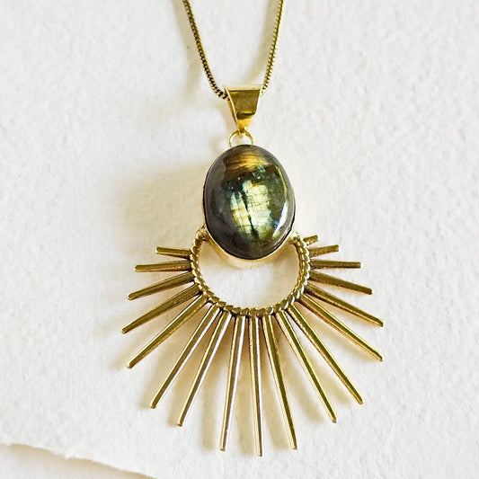 Brass Labradorite Starburst Pendant Charm Necklace Designer