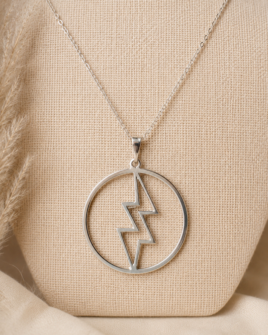 Silver Lightning in Circle Pendant Necklace