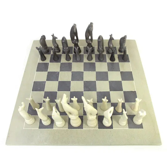 Africa Soapstone Carved Chess Set - Safari Animals Black/Nat
