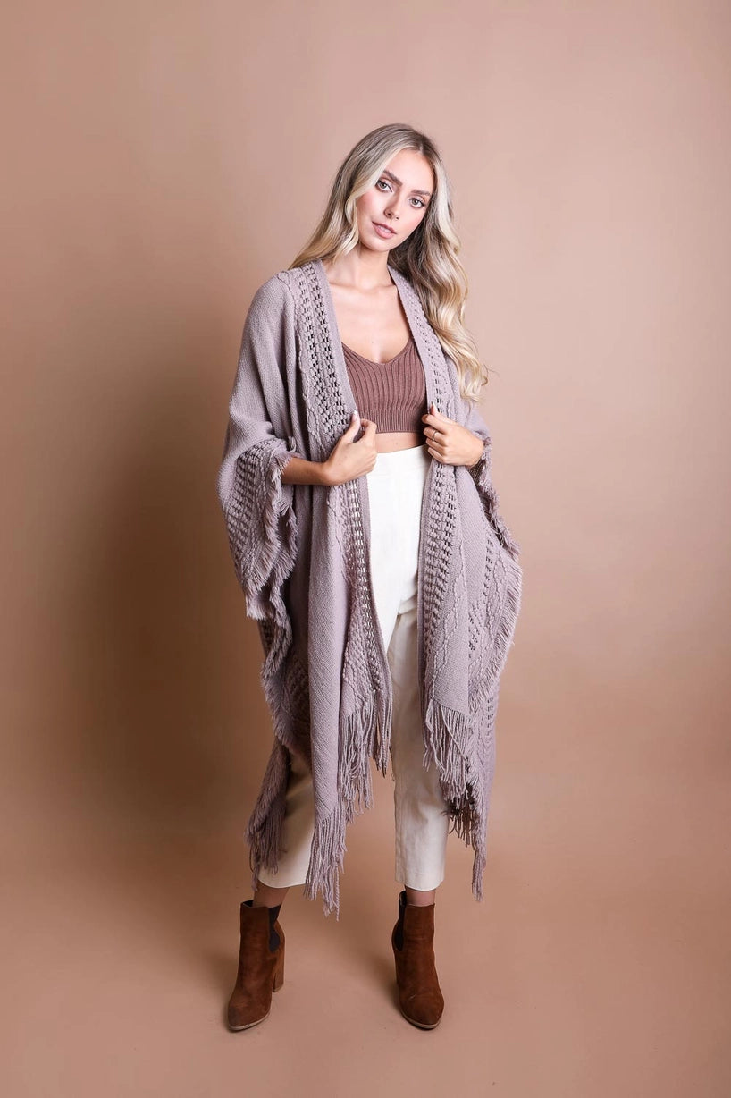 Open Work Bohemian Ruana (Lilac Gray, Cream, Rust)
