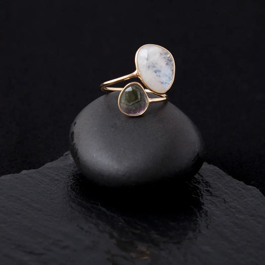 Gold Plated Moonstone and Tourmaline Ring