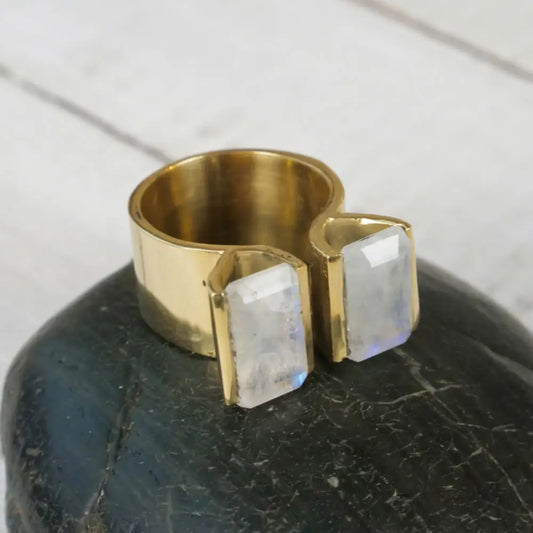 Double Rectangle Cut Brass Ring with Moonstone