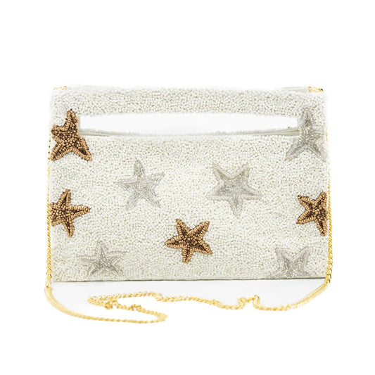 Ivory and Silver Star Beaded Clutch