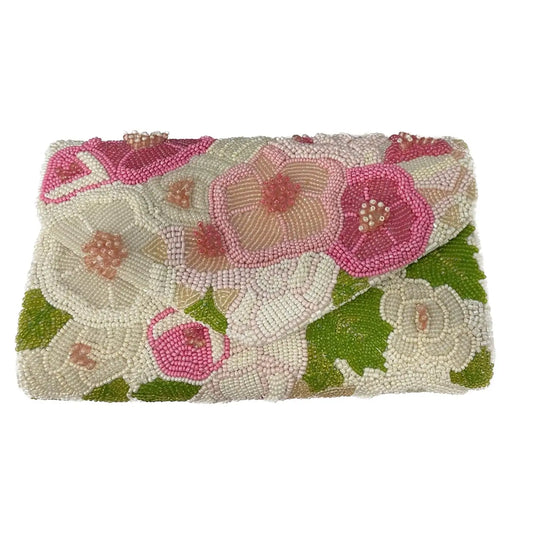 Raised Flowers Beaded Clutch (White and Pink)