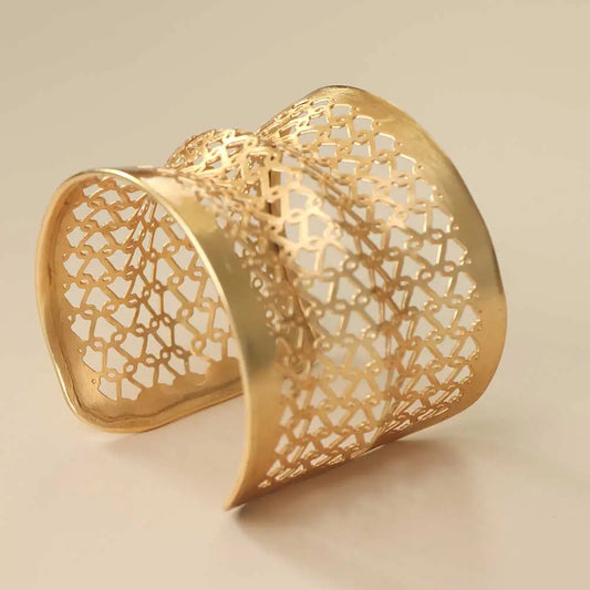 Brass Geometric Lattice Wide Cuff