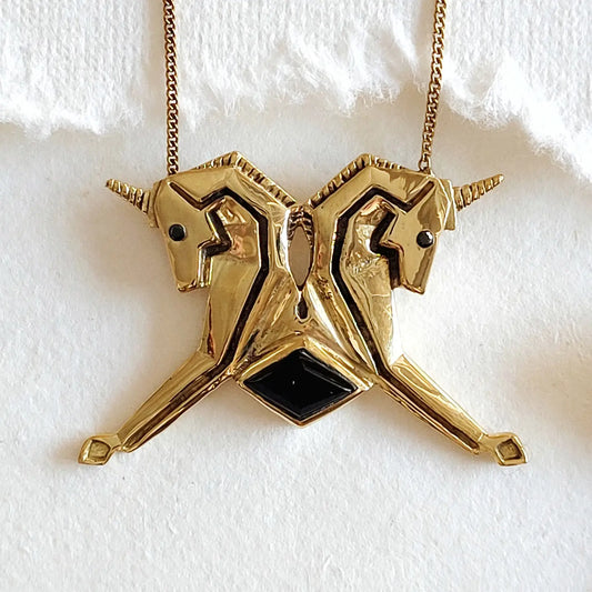 Brass Onyx Unicorn Twin Necklace