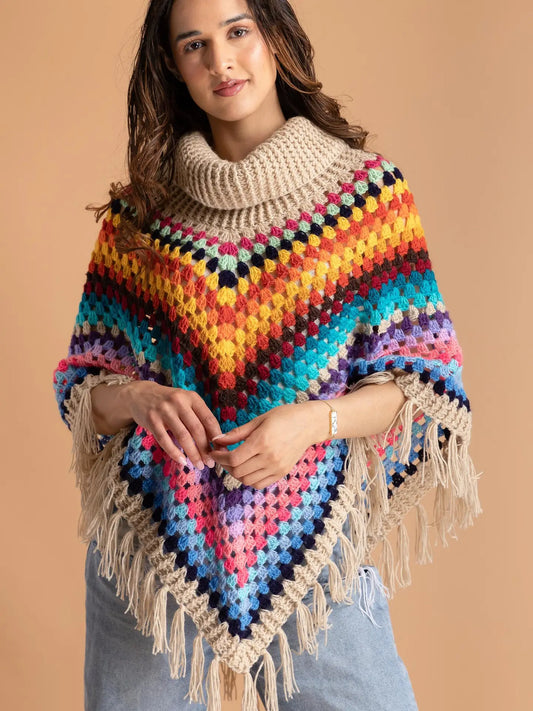 Rainbow Crochet Turtleneck Sweater Poncho
