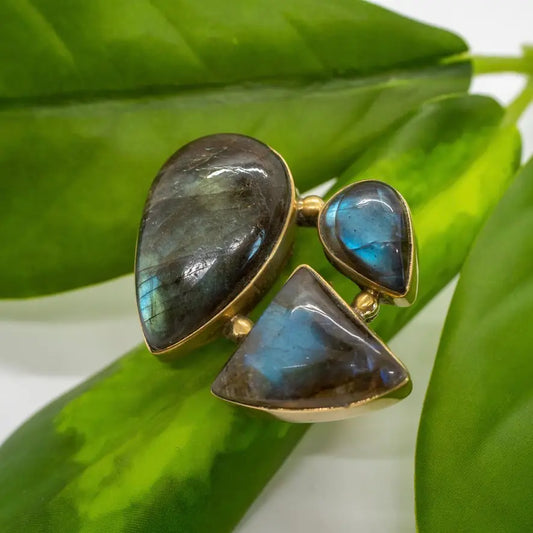 Natural Stone Cluster Brass Ring with Labradorite Stones