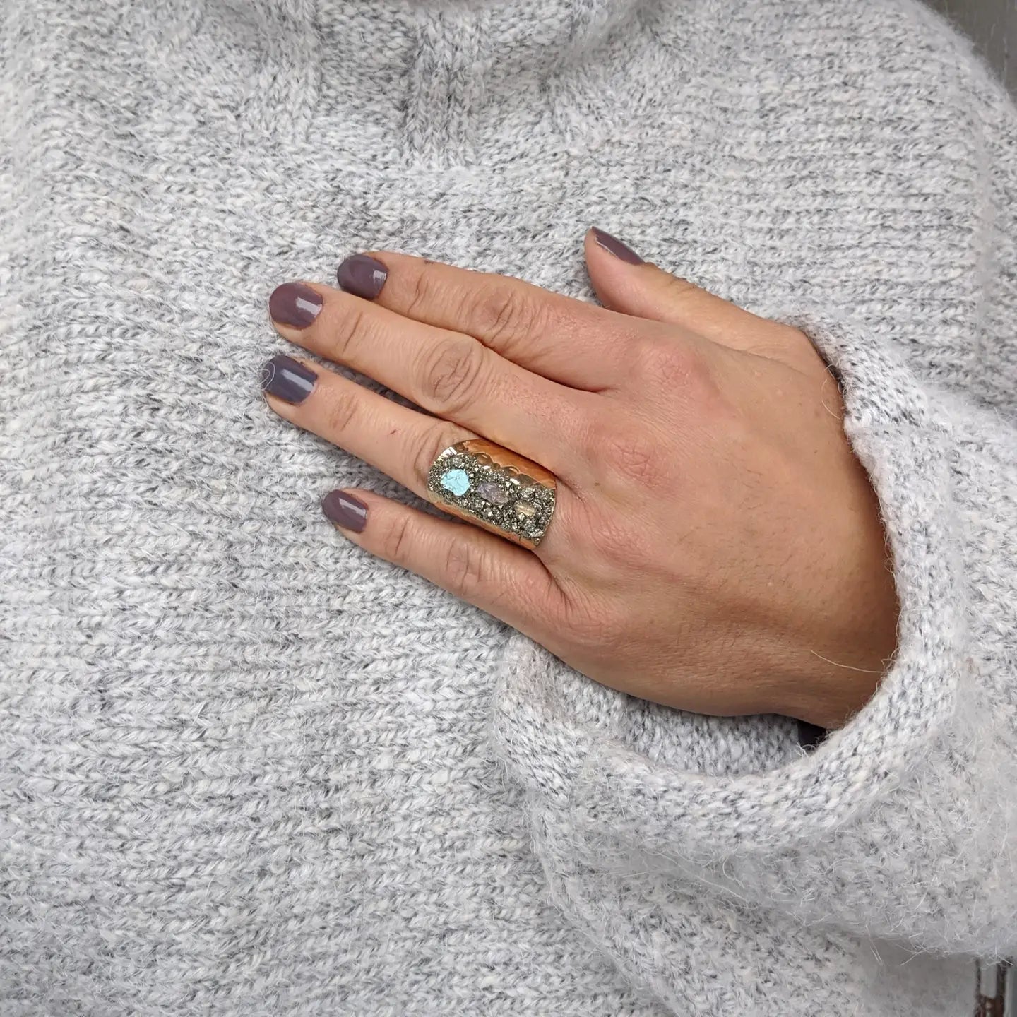 Tri-Color Gemstone Statement Ring 14k Gold