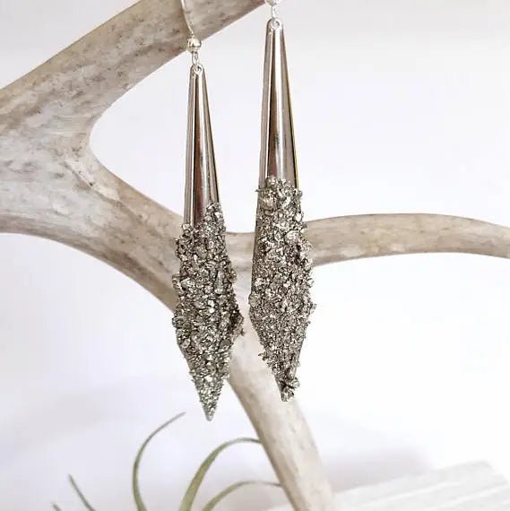 Pyrite Dagger Earrings – Silver Drop
