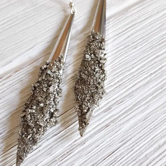 Silver Pyrite Dagger Drop Earrings
