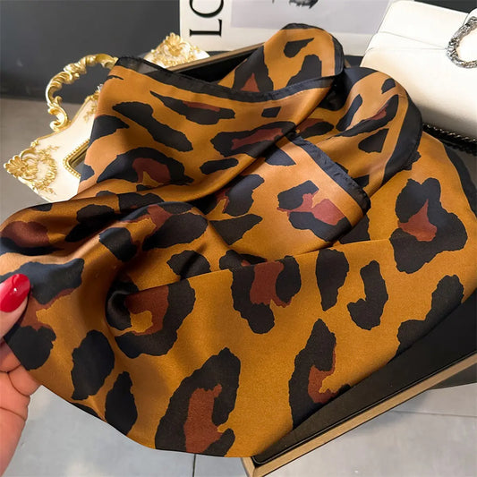 Leopard Print Satin-Finish  Square Scarf