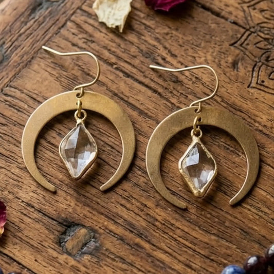 Raw Brass and Crystal Moon Drop Earrings