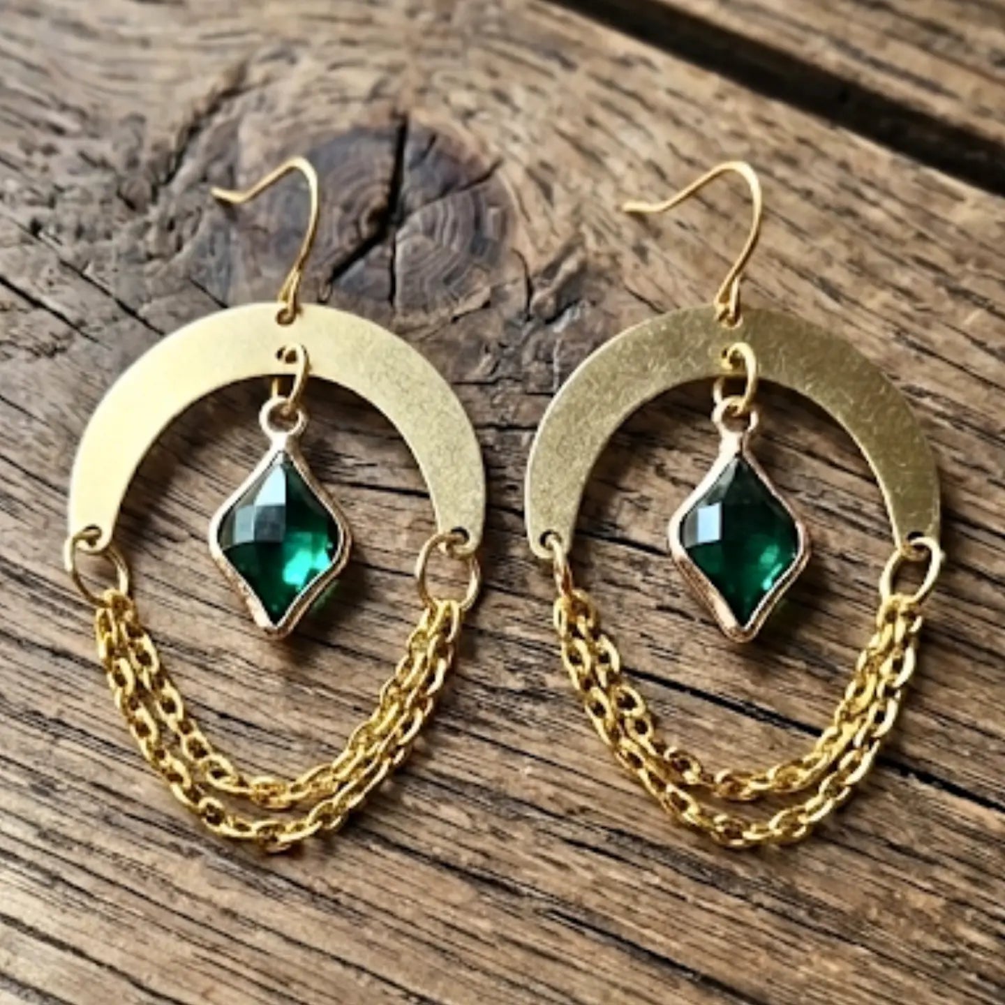 Celestial Esmerald Drop Gold Chain Earrings