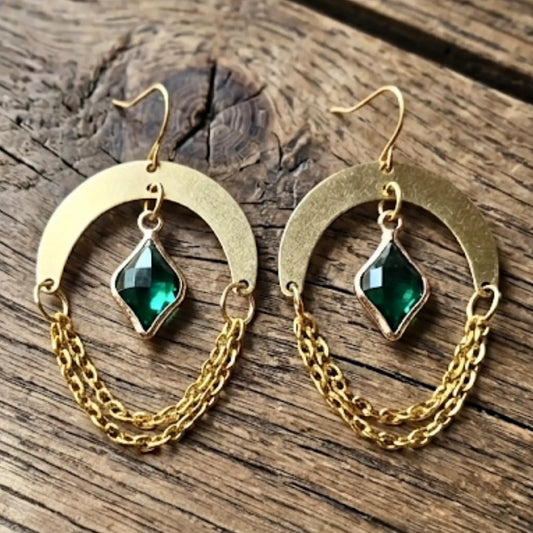Celestial Esmerald Drop Gold Chain Earrings