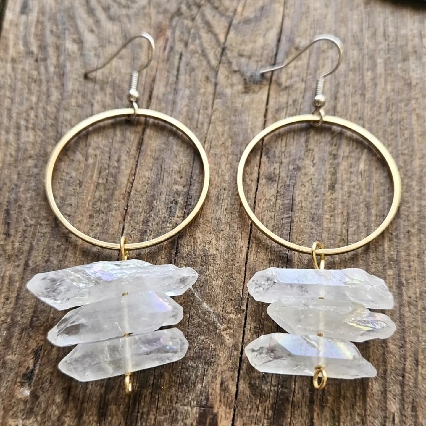 Organic White Aura Quartz Hoop Earrings