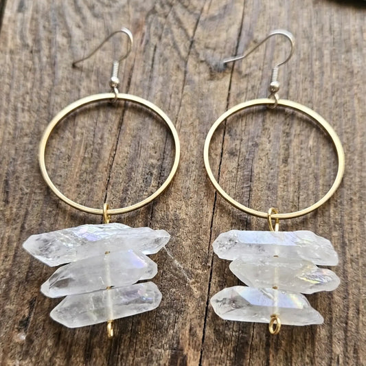 Organic White Aura Quartz Hoop Earrings