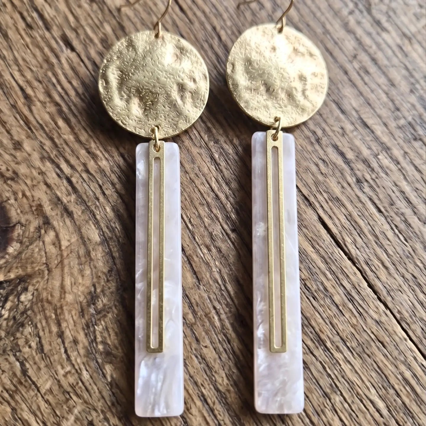 Mother of Pearl and Hammered Brass Earrings