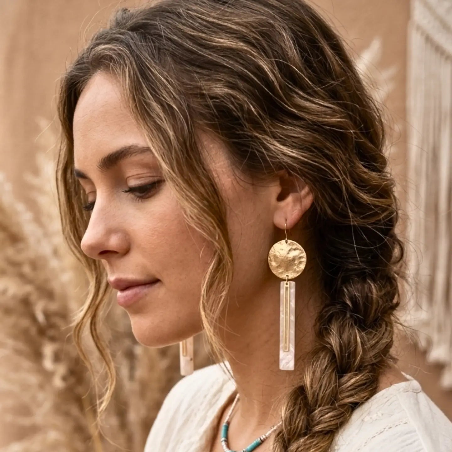 Mother of Pearl and Hammered Brass Earrings