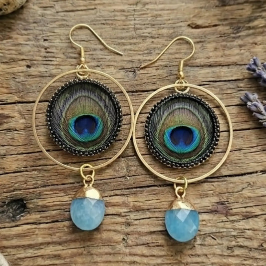 Peacock Feather and Jade Gemstone Dangle Earrings