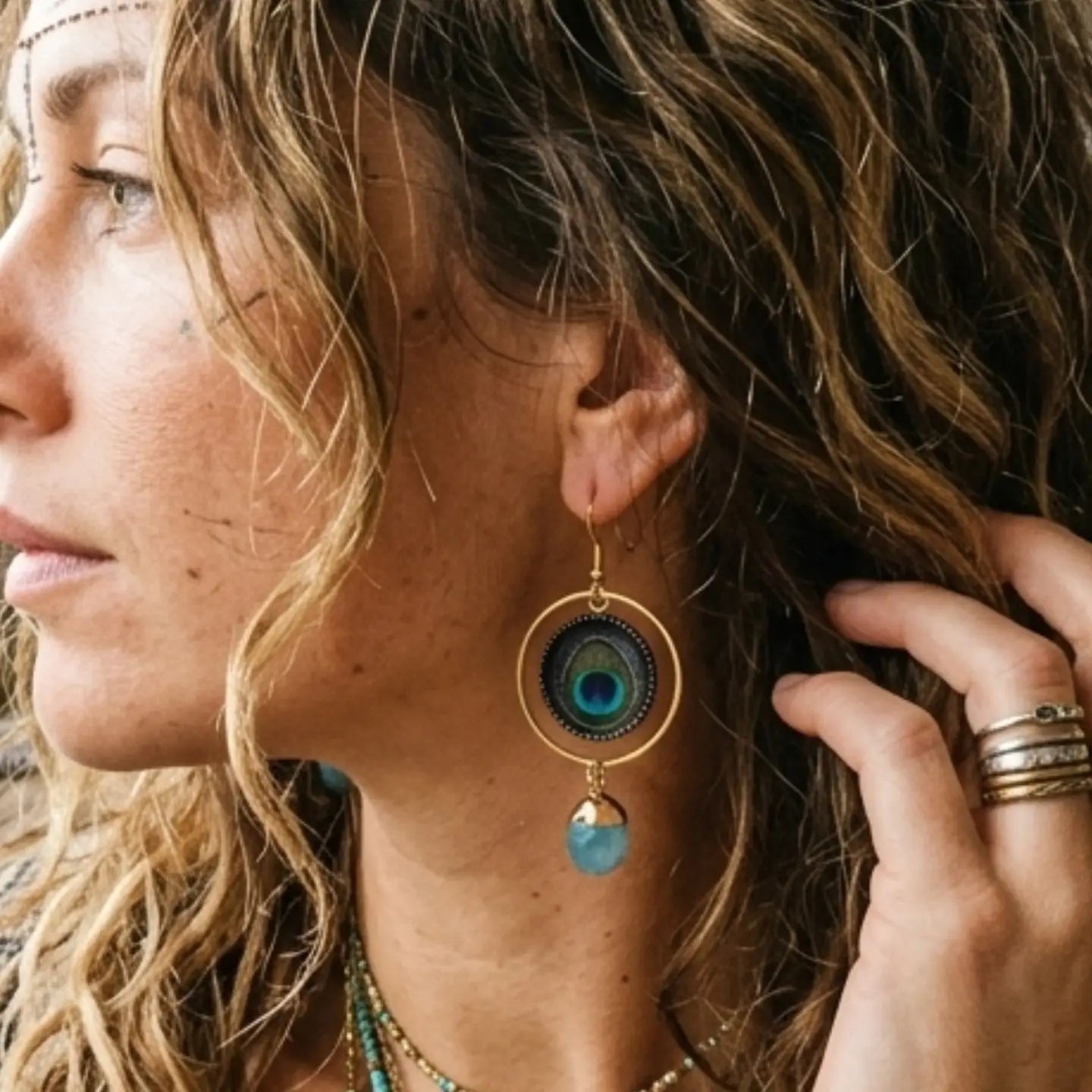Peacock Feather and Jade Gemstone Dangle Earrings