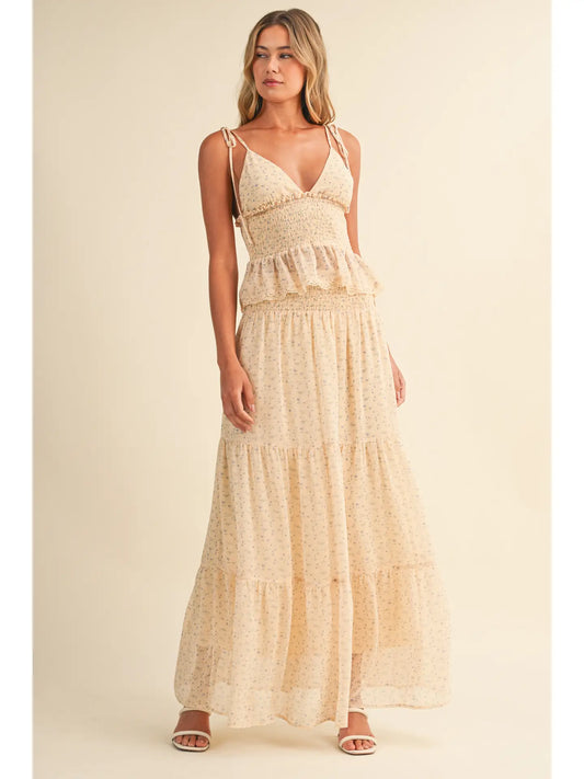 V Neck Sleeveless Smocked Top and Tired Maxi Skirt