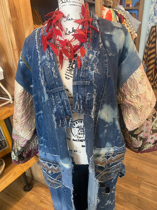 Patchwork Petal Long Denim Kimono