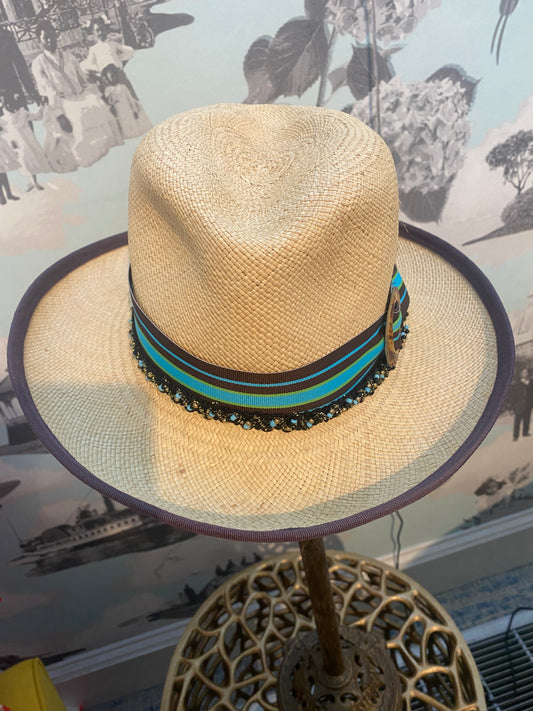 Natural Straw Hat with Beaded Trim