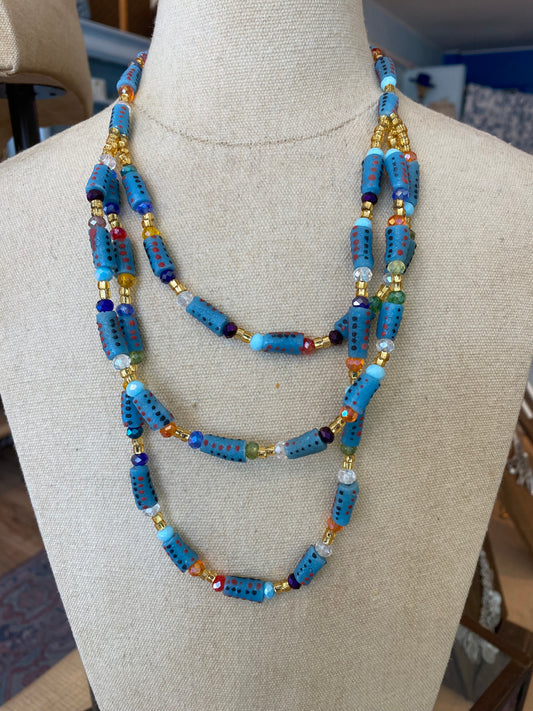Blue Glass Ghanaian Beaded Link Necklace