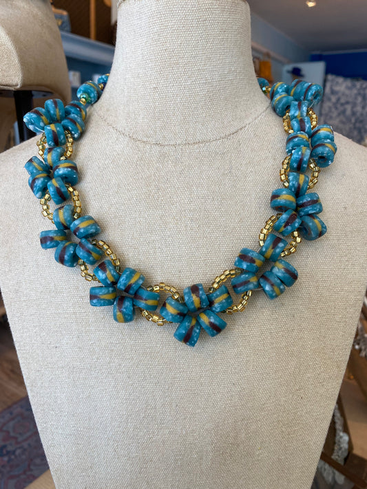 Blue Bloom Beaded Ghanaian Necklace
