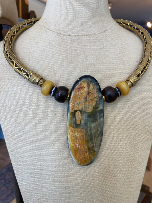 Brass and Bone Oval Pendant Ghanaian Necklace