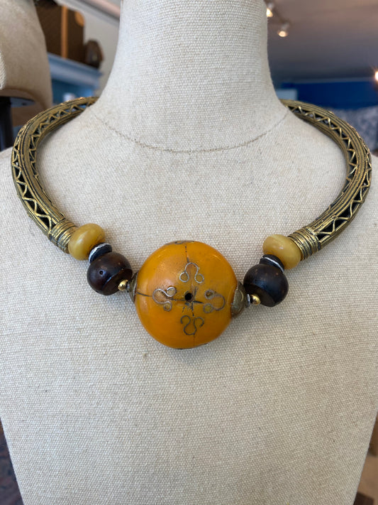 Brass and Bone Circular Pendant Ghanaian Necklace