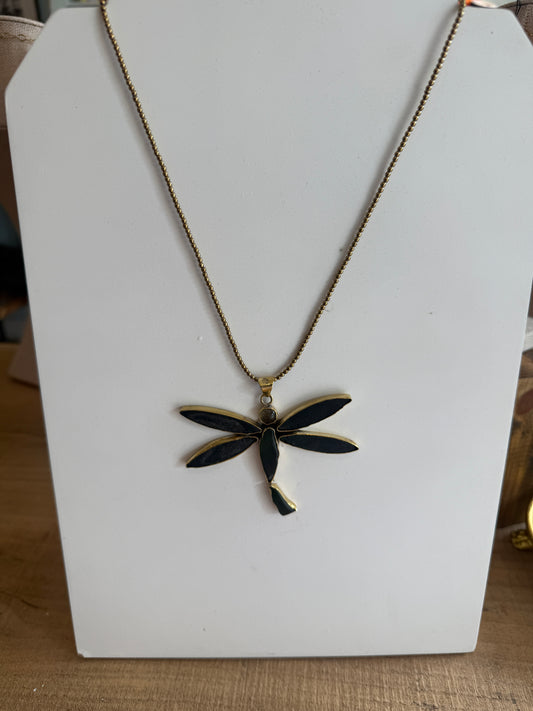 Seaglass Dragonfly Brass Necklace