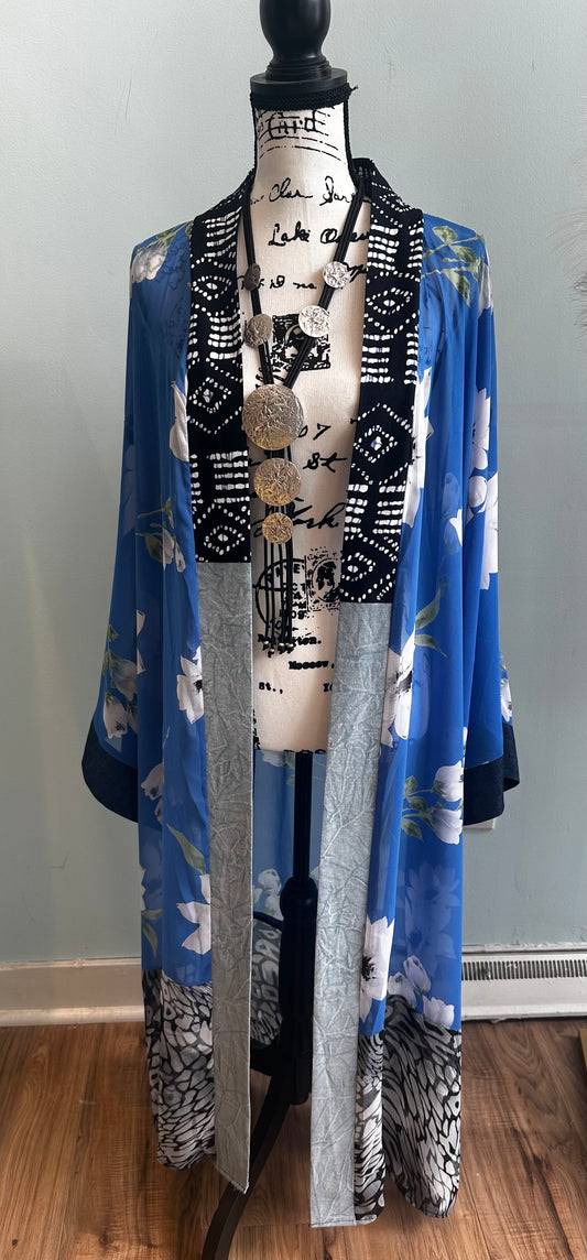 Handcrafted Blue and White Floral Kimono