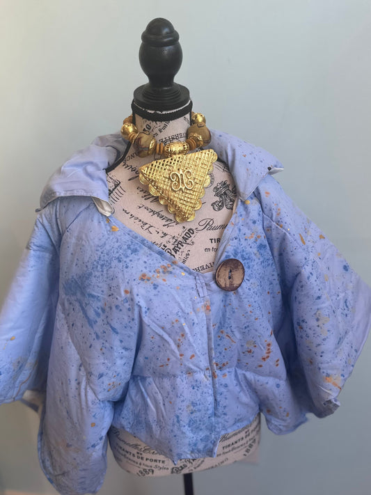 Osun Crop Puffer Jacket (Handpainted)-Light Blue