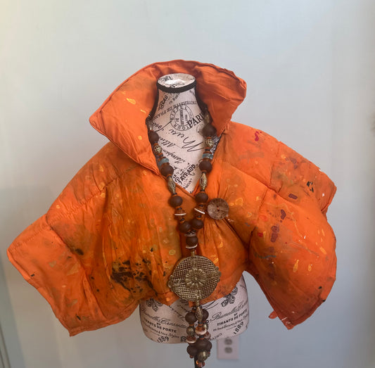 Osun Crop Puffer Jacket (Handpainted)- Orange