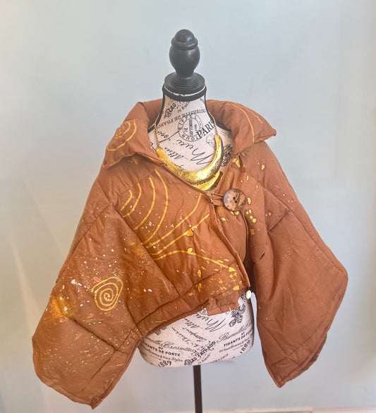 Osun Crop Puffer Jacket (Handpainted)-Rust