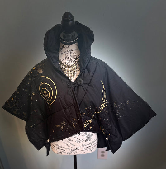 Osun Crop Puffer Jacket (Handpainted)-Black